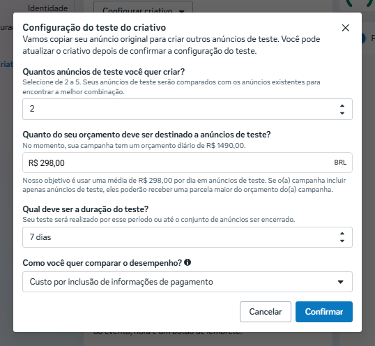 Configuração do teste de criativo