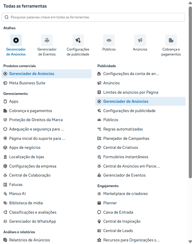 Menu de todas as ferramentas