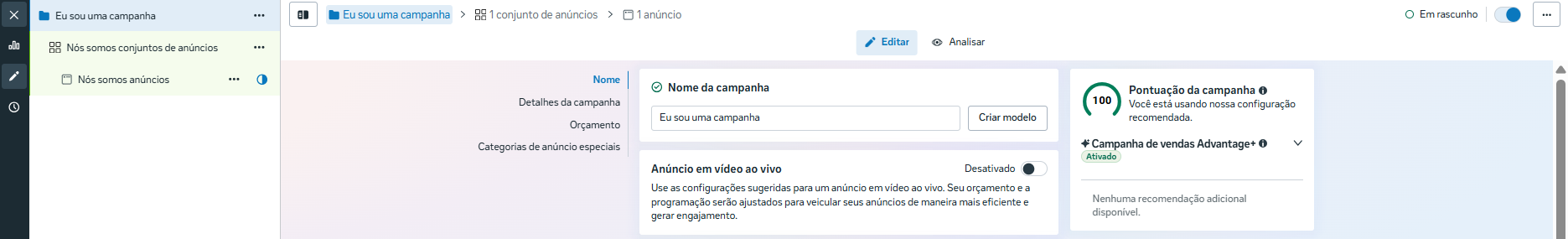 Nível campanha no Gerenciador