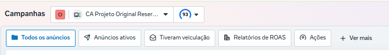 Filtros do topo da tela de campanhas
