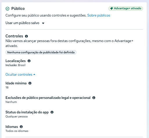 Controles e período de associação do público
