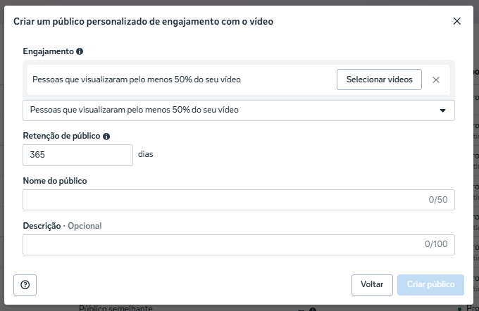 Público de engajamento com vídeo, 50%