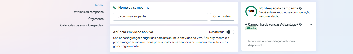 Tela de criação da campanha