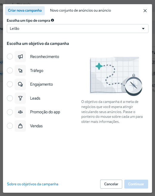 Tela de escolha do objetivo da campanha