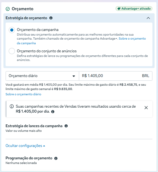 Estratégia de orçamento, campanha x conjunto