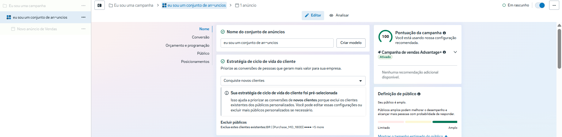 Tela de criação do conjunto de anúncios