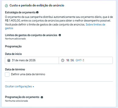 Custo e período de exibição do anúncio