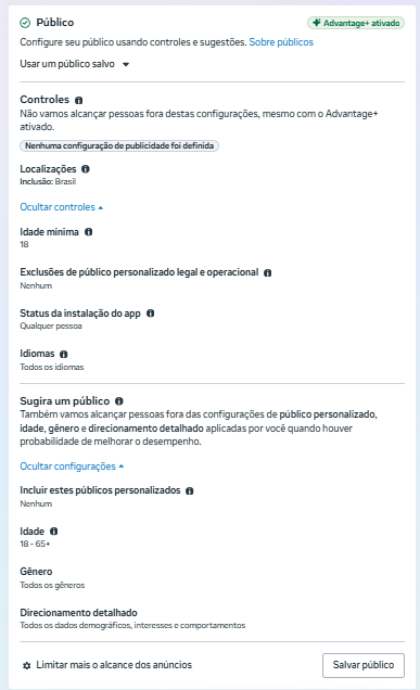 Seção de público com controles e sugestões